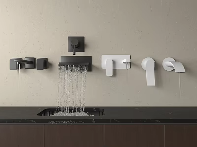 Modern Wall Mounted Black And White Faucets With Flowing Water And Sink 3d model