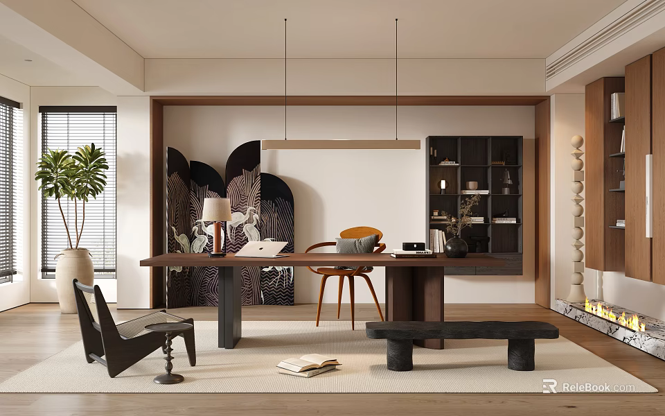 Modern Study Room Interior With Wooden Desk Comfortable Chair Bookshelf And Hanging Lights 3d model 