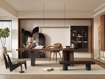 Modern Study Room Interior With Wooden Desk Comfortable Chair Bookshelf And Hanging Lights 3d model