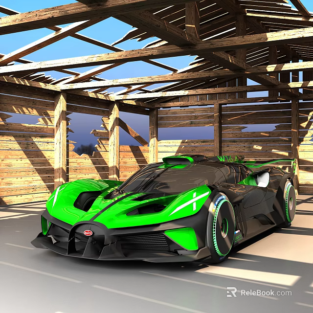 Green and Black Supercar Parked in Wooden Garage with Modern Design Elements 3d model 