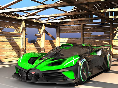 Green and Black Supercar Parked in Wooden Garage with Modern Design Elements 3d model