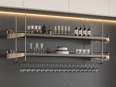 Modern Luxury Wall Mounted Wine Rack with Tiered Shelves Hanging Glasses Wine Bottles and Lighting 3d model