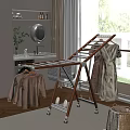 Modern Wooden Clothes Drying Rack With Wheels And Hanging Garments In Laundry Area