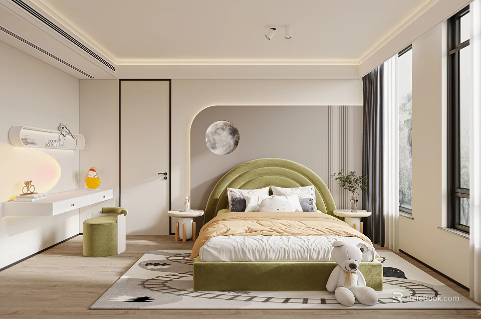 Cozy Kids Room Design With Green Upholstered Bed Teddy Bear And Moon Decor 3d model 