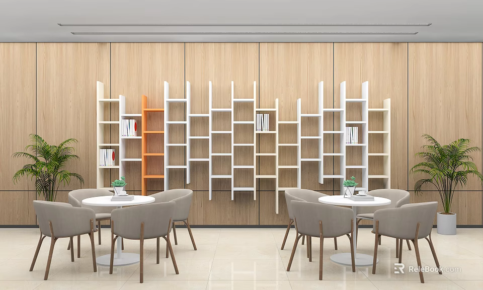 Cozy Lounge Area With Wooden Wall Panels White Orange Shelves Round Tables And Green Plants 3d model 
