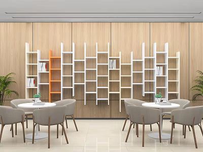 Cozy Lounge Area With Wooden Wall Panels White Orange Shelves Round Tables And Green Plants 3d model