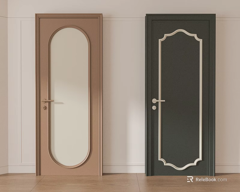 Brown And Dark Green Hinged Doors With Oval Glass And Gold Decorative Arch Design 3d model 