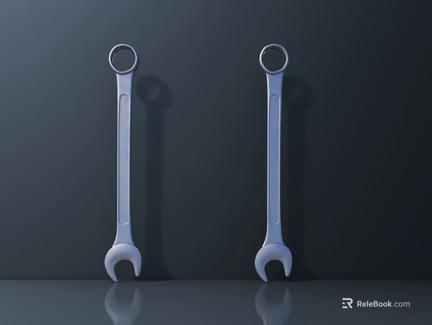 Two Silver Open End Wrenches Standing On Dark Background With Reflection 3d model 
