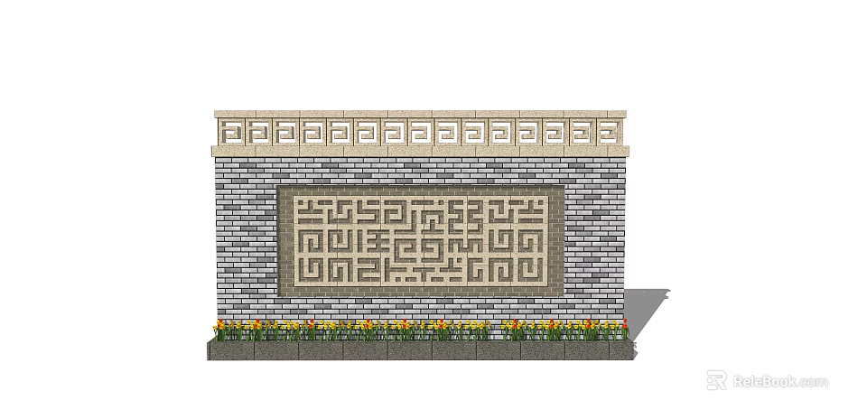 Traditional Garden Wall With Decorative Top Gray Brick Intricate Geometric Pattern And Flower Bed 3d model 