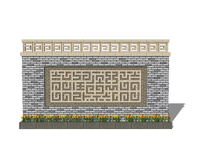Traditional Garden Wall With Decorative Top Gray Brick Intricate Geometric Pattern And Flower Bed 3d model