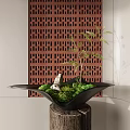 Bonsai Plant in Black Pot with Moss Stone and Red Lattice Screen Background