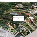 Rural Landscape With Terraced Green Areas Wooden Tables Thatched Pavilion White Umbrellas And Stone Paths