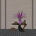 Modern Purple Flower Vase On Decorative Table With Metal Spheres And Candle Holders