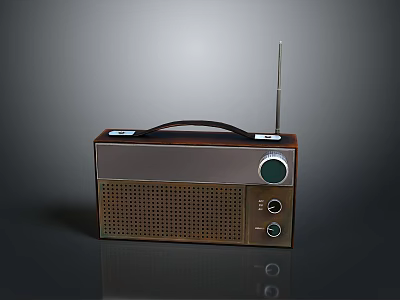 Vintage Electronic Radio With Brown Silver Design Black Handle And Antenna 3d model