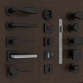 Assorted Modern Door Handles Displayed on Wooden Panel with Stylish Designs 3d model