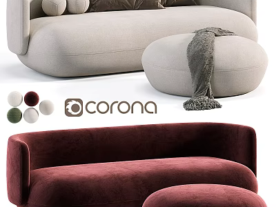Modern Sectional Sofa With Ottoman In Cozy Neutral And Burgundy Color Options 3d model