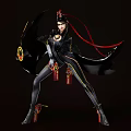 Game Movie Character In Black Outfit With Red Ribbon And Dynamic Sword Pose