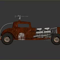 Vintage Red Rusty Car With Exposed Engine And Large Off Road Tires
