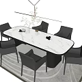 Modern Dining Table Set With Rectangular Marble Top Six Gray Chairs Hanging Light And Rug 3d model