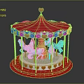 Kids Fun Red Carousel Ride with Blue Horses Heart Decor and Gold Frame