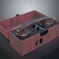 Vintage Weapon Red Wooden Box With Handle Mechanical Components And Circular Parts