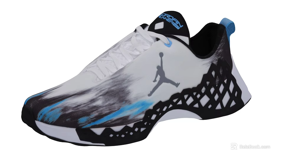 Jordan Basketball Shoes Featuring White Black Blue Splatter Design And Diamond Grid Sole 3d model 