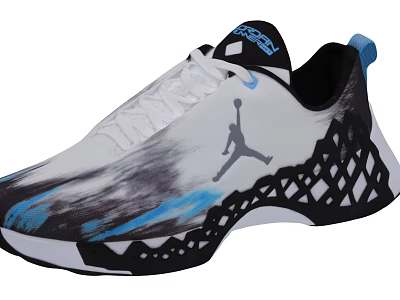 Jordan Basketball Shoes Featuring White Black Blue Splatter Design And Diamond Grid Sole 3d model