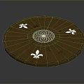 Circular Brown Decorative Disc With Intricate Center Pattern And White Symbols
