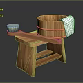 Essential Wooden Bathtub with Stand Green Brush and Blue Dotted Towel