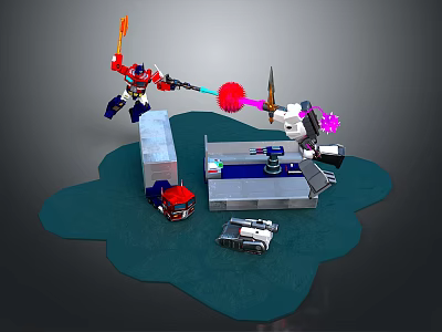 Red Blue And White Robot Warriors Fighting With Orange Pink Weapons And Vehicles 3d model
