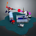 Red Blue And White Robot Warriors Fighting With Orange Pink Weapons And Vehicles