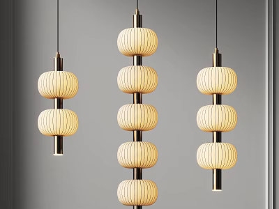 Modern Pendant Lights with Stacked Circular Fabric Shades and Metallic Frames in Warm White Glow 3d model