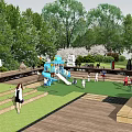 Fun Kids Play Area With Blue Slide Spring Riders Green Lawn And Playful Children