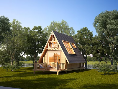 Scenic A Frame Wooden Cabin With Black Roof Large Windows Deck And Green Lakeside Trees 3d model