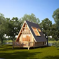 Scenic A Frame Wooden Cabin With Black Roof Large Windows Deck And Green Lakeside Trees