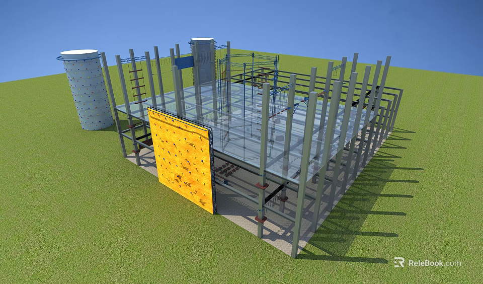 Outdoor Climbing Structure With Metal Frame Yellow Climbing Wall Blue Pillars And Transparent Platform 3d model 