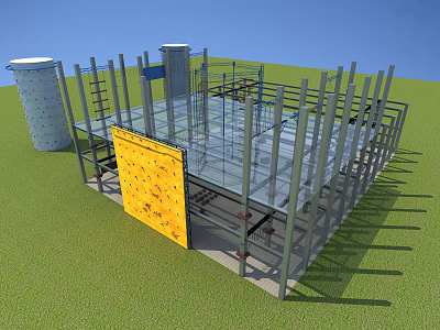 Outdoor Climbing Structure With Metal Frame Yellow Climbing Wall Blue Pillars And Transparent Platform 3d model