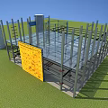 Outdoor Climbing Structure With Metal Frame Yellow Climbing Wall Blue Pillars And Transparent Platform