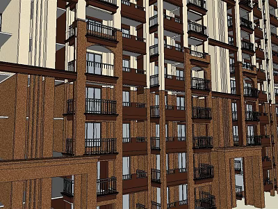Modern High Rise Apartment Building With Brown Exterior And Balconies On Multiple Floors 3d model