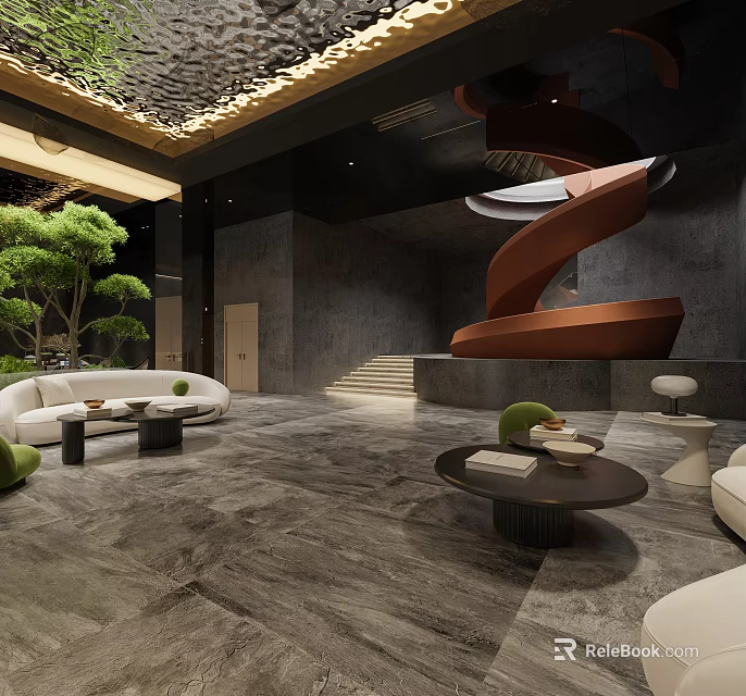 Elegant Clubhouse Interior With Spiral Staircase Gray Marble Floor White Sofas And Green Plants 3d model 