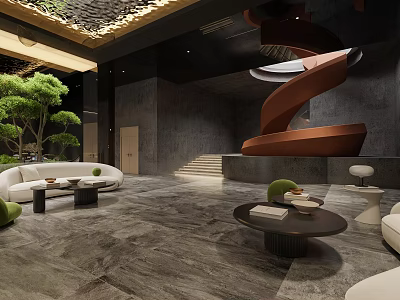 Elegant Clubhouse Interior With Spiral Staircase Gray Marble Floor White Sofas And Green Plants 3d model