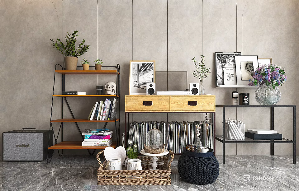 Stylish Home Interior With Shelving Unit Featuring Potted Plants Books Photo Frames and Decorative Items 3d model 