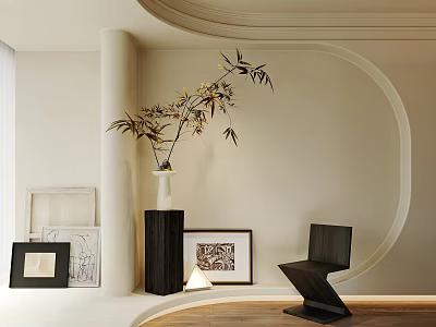 White Vase with Bamboo Branches in Modern Interior Beige Wall Black Base and Decorative Paintings 3d model
