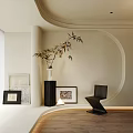 White Vase with Bamboo Branches in Modern Interior Beige Wall Black Base and Decorative Paintings