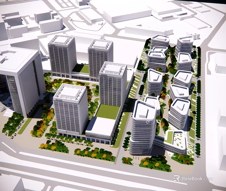Modern High Rise Office Buildings With Green Areas And Urban Layout Design 3d model 