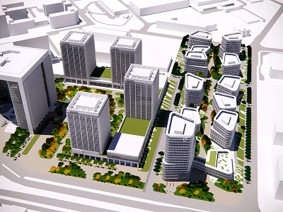 Modern High Rise Office Buildings With Green Areas And Urban Layout Design 3d model
