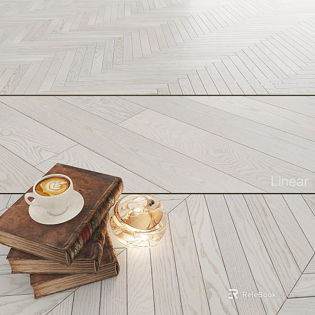 Wooden Flooring With Herringbone And Linear Patterns Stacked Books Coffee Cup And Candle 3d model 