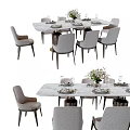 Modern Marble Dining Table Set With Gray Chairs And Floral Vase Tableware 3d model