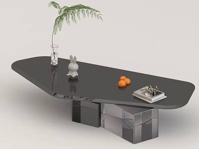 Modern Coffee Table With Black Tabletop Metal Base Green Plant White Rabbit Decor And Oranges 3d model
