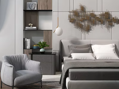 Modern Double Bed with Gray Bedding Bedside Table Green Plant and Geometric Wall Art 3d model